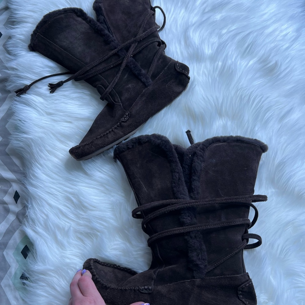 J Crew Brown Suede Tie up Mid-Calf Boots Size 10